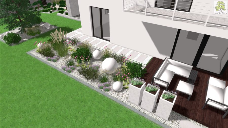 nowoczesny ogród - kompozycja betonowych kul, kosodrzewiny i czosnków
