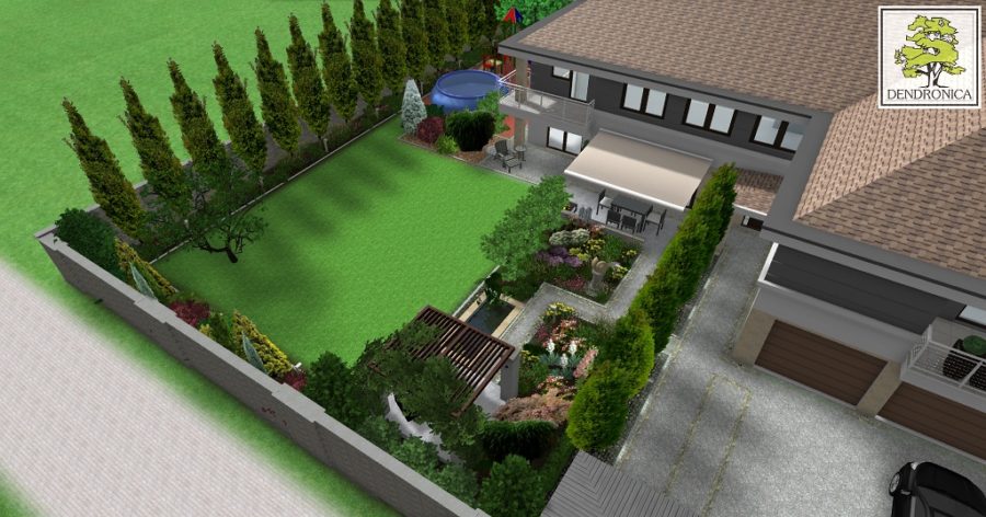 mały ogród miejski z pergolą i oczkiem wodnym